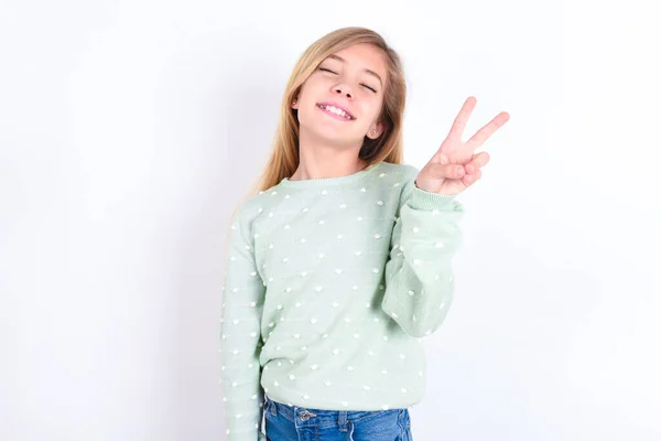 Little Caucasian Kid Girl Smiling Happy Face Winking Camera Doing — Stock Photo, Image
