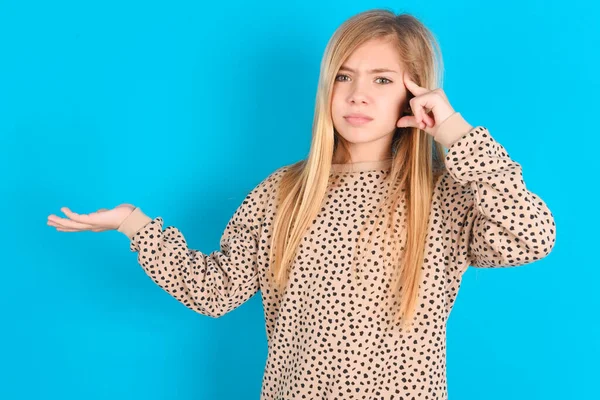 Caucasian Kid Girl Confused Annoyed Open Palm Showing Copy Space — Stock Photo, Image