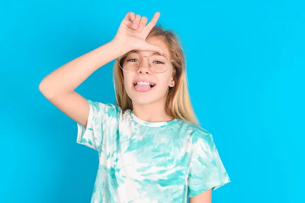 Funny Little Caucasian Kid Girl Wearing Trendy Shirt Blue Background — Stock Photo, Image