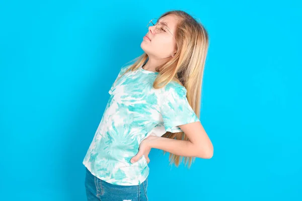Little Caucasian Kid Girl Wearing Trendy Shirt Blue Background Got — Stock Photo, Image