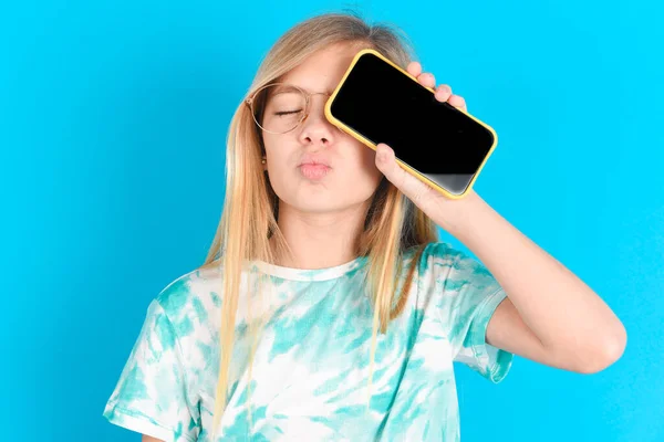 Adorable Little Caucasian Kid Girl Wearing Trendy Shirt Blue Background — Stock Photo, Image