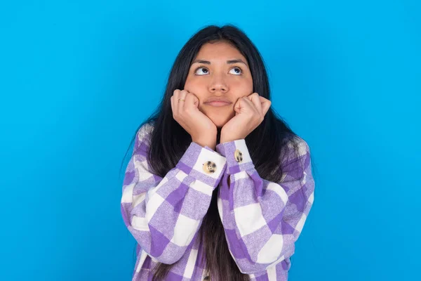 Portrait Sad Latin Woman Wearing Plaid Shirt Blue Background Hands — Stock Photo, Image