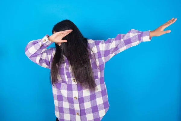 Photo Funky Latin Woman Wearing Plaid Shirt Blue Background Showing — Stock Photo, Image