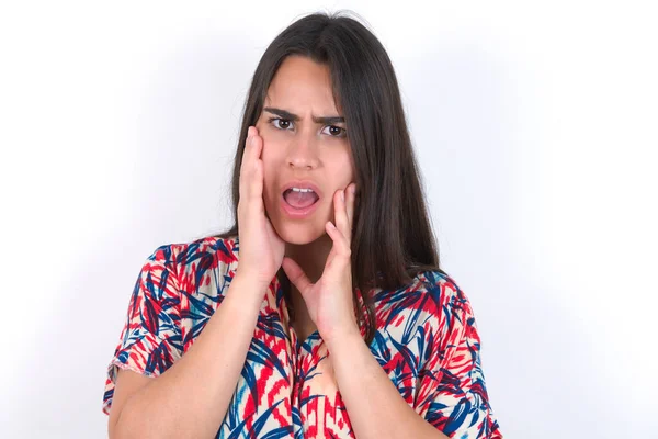 Upset Beautiful Brunette Woman Wearing Colourful Dress White Background Touching — Stock Photo, Image