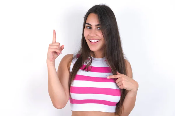 Brunette Woman Wearing Striped Crop Top White Wall Says Wow — Stock Photo, Image