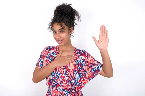 Swear Promise You Regret Portrait Sincere Girl Raising One Arm — Stock Photo, Image