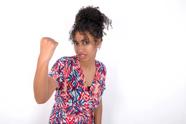 Fierce Girl Holding Fist Front Ready Fight Challenge Screaming Having — Stock Photo, Image