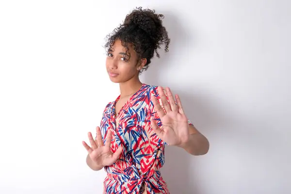 Afraid Girl Makes Terrified Expression Stop Gesture Both Hands Saying — Stock Photo, Image