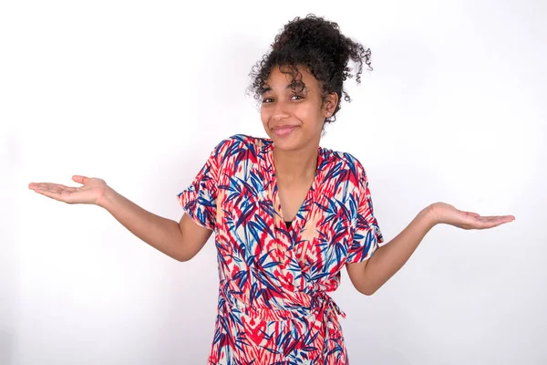 Smiling Girl Shrugging Her Shoulders Arms Out Young Beautiful Mixed — Stock Photo, Image