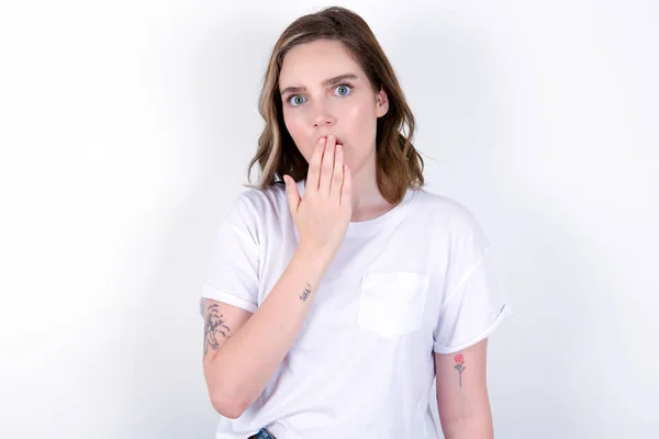 Think Said Close Portrait Girl Covering Open Mouth Hand Palm — Stock Photo, Image