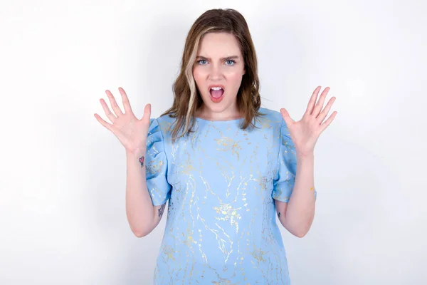 Crazy Outraged Young Caucasian Woman Wearing Blue Shirt White Background — Stock Photo, Image