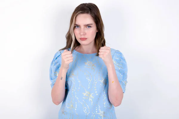 Displeased Annoyed Young Caucasian Woman Wearing Blue Shirt White Background — Stock Photo, Image