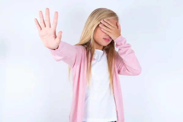 Blonde Little Girl Wearing Pink Jacket Glasses White Background Shows — Stock Photo, Image