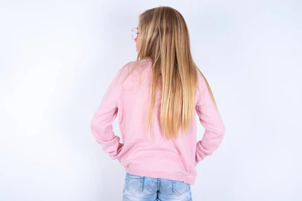 Blonde Little Girl Wearing Pink Jacket Glasses White Background Rear — Stock Photo, Image
