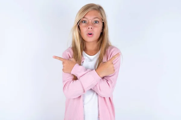 Blonde Little Girl Wearing Pink Jacket Glasses White Background Showing — Stock Photo, Image