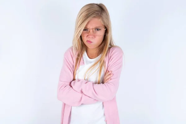 Blonde Little Girl Wearing Pink Jacket Glasses White Background Bad — Stock Photo, Image