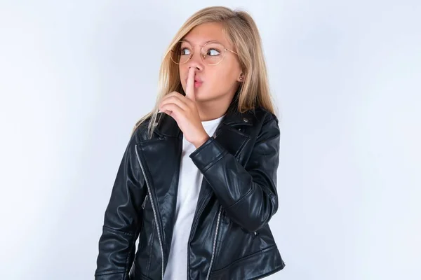 Beautiful Blonde Little Girl Wearing Biker Jacket Glasses White Background — Stock Photo, Image