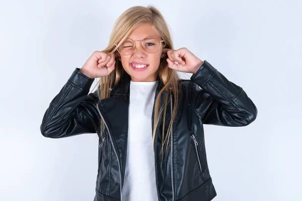 Happy Beautiful Blonde Little Girl Wearing Biker Jacket Glasses White — Stock Photo, Image