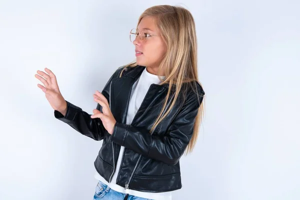 Displeased Beautiful Blonde Little Girl Wearing Biker Jacket Glasses White — Stock Photo, Image