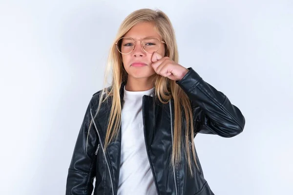 Disappointed Dejected Beautiful Blonde Little Girl Wearing Biker Jacket Glasses — Stock Photo, Image