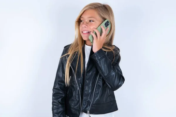 Pleasant Looking Happy Beautiful Blonde Little Girl Wearing Biker Jacket — Stock Photo, Image