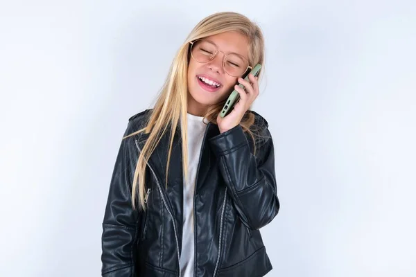 Funny Beautiful Blonde Little Girl Wearing Biker Jacket Glasses White — Stock Photo, Image