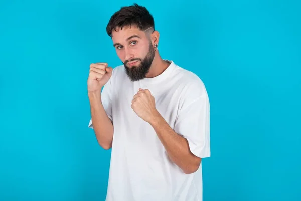 Portrait Attractive Bearded Caucasian Man Wearing White Shirt Blue Background — Stock Photo, Image