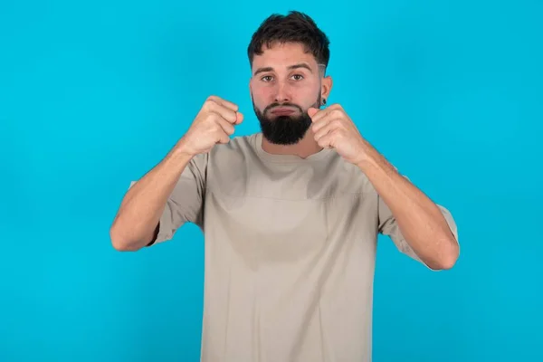 Displeased Annoyed Bearded Caucasian Man Wearing Casual Shirt Blue Background — Stock Photo, Image