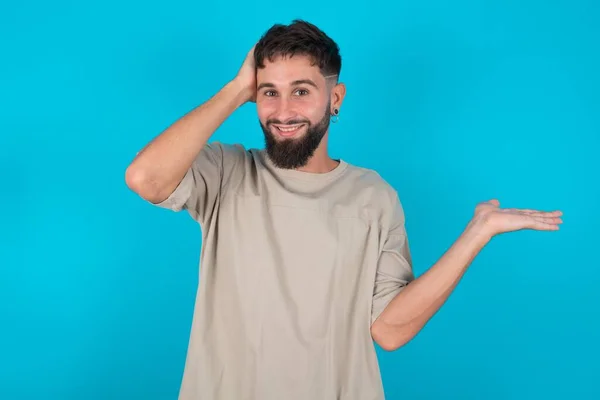 Shocked Amazed Surprised Bearded Caucasian Man Wearing Casual Shirt Blue — Stock Photo, Image