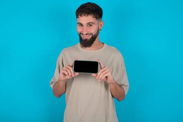 Cheerful Cheery Content Bearded Caucasian Man Wearing Casual Shirt Blue — Stock Photo, Image