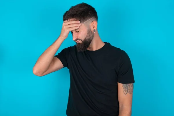 Very Upset Lonely Hispanic Bearded Man Wearing Black Shirt Standing — Stock Photo, Image