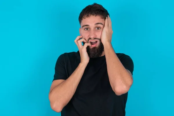 Doleful Desperate Crying Hispanic Bearded Man Wearing Black Shirt Standing — Stock Photo, Image