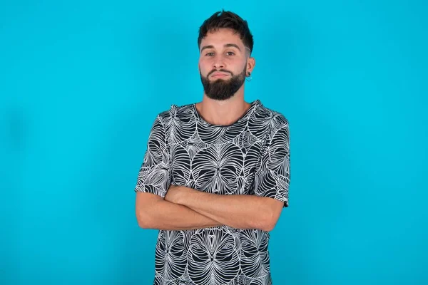 Self Confident Serious Calm Young Hispanic Bearded Man Standing Blue — Stock Photo, Image