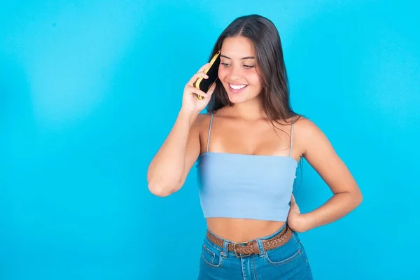 Pleasant Looking Caucasian Brunette Woman Wearing Blue Tank Top Has — Stock Photo, Image