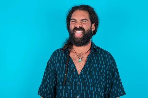 Linguagem Corporal Desgostoso Estressado Caucasiano Com Barba Vestindo Camisa Azul — Fotografia de Stock