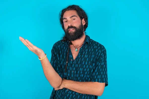 Studio Shot Frustrated Caucasian Man Beard Wearing Blue Shirt Blue — Stockfoto