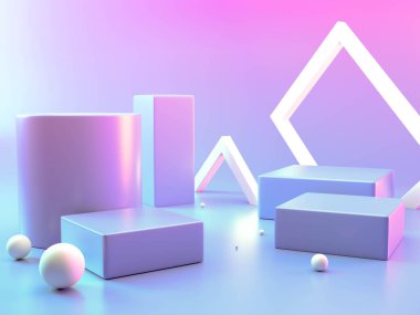 Renkli arka planda, kutucuk standı konseptiyle birlikte yaya görüntüsü. Marka tanıtım ürünü için podyum, 3D render dijital