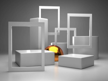 3D görüntüleme, dijital illüstrasyon stüdyo sahnesi beyaz küpleri ve altın küreli