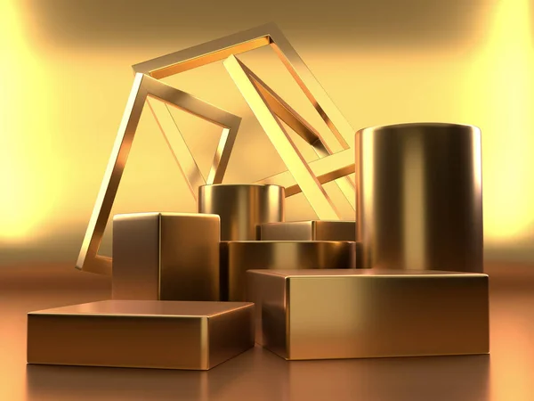 Podium Vazio Exibição Pedestal Fundo Dourado Com Conceito Suporte Caixa — Fotografia de Stock