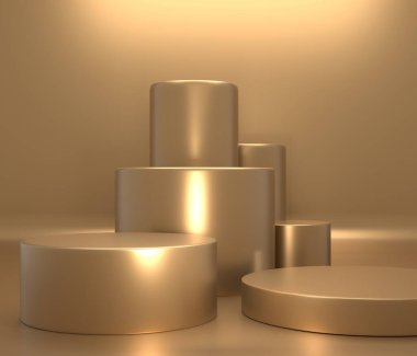 Konsept ürün raf altın rengi veya en az modayla canlı moda arka planında boş kaide görüntüsü. 3B görüntüleme