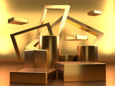 Konsept ürün raf altın rengi veya en az modayla canlı moda arka planında boş kaide görüntüsü. 3B görüntüleme