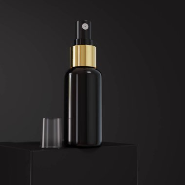 Siyah boş sprey şişeler. Taklit et, kozmetik paket. Reklam, kozmetik ürünler ya da ev yapımı kimyasallar için şablon 3 boyutlu illüstrasyon