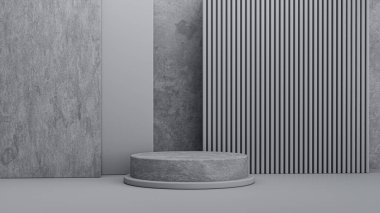 Minimal Stones Podyumu ambalaj sunumu ve kozmetik ürünleri için, duvarda bir gölge. Beyaz beton desenli ürün sergisi, Sunshade 3d illüstrasyonunda doğal güzellik kaidesi.