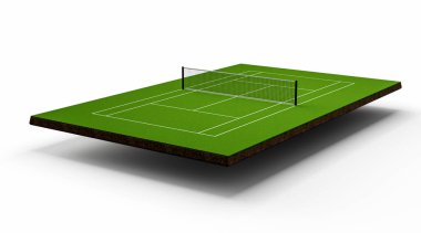Tenis kortu. Çimenler. Tenis kortu, Yeşil Renk, Beyaz Arkaplan 3D illüstrasyon