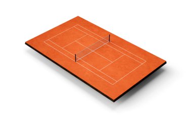 Tenis kortu Clay Top saha sahası üzerinde işaretler var. Kırmızı kil sahada oynayın, Tenis net 3d illüstrasyon