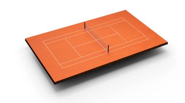 Tenis kortu Clay Top saha sahası üzerinde işaretler var. Kırmızı kil sahada oynayın, Tenis net 3d illüstrasyon
