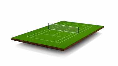Tenis kortu. Çimen kaplama alanı. Izgara ve gölge 3d illüstrasyonlu üst görünüm