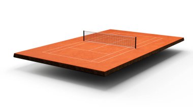 Tenis kortu Clay Top saha sahası üzerinde işaretler var. Kırmızı kil sahada oynayın, Tenis net 3d illüstrasyon