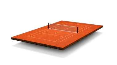 Tenis kortu Clay Top saha sahası üzerinde işaretler var. Kırmızı kil sahada oynayın, Tenis net 3d illüstrasyon