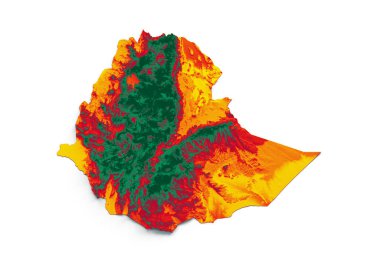 Etiyopya haritasında kırmızı yeşil ve sarı renkler var. Yardım haritası 3d
